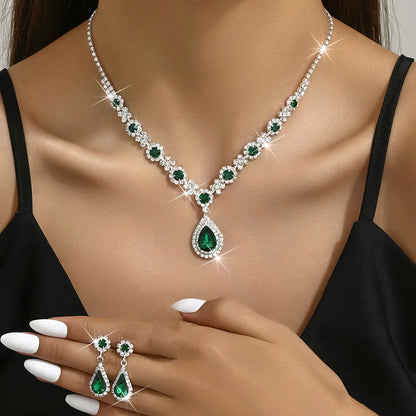 Conjunto de 2 pendientes y collar con colgante de gota de agua y diamantes de imitación para mujer, conjunto de joyería nupcial para vestido de fiesta de boda