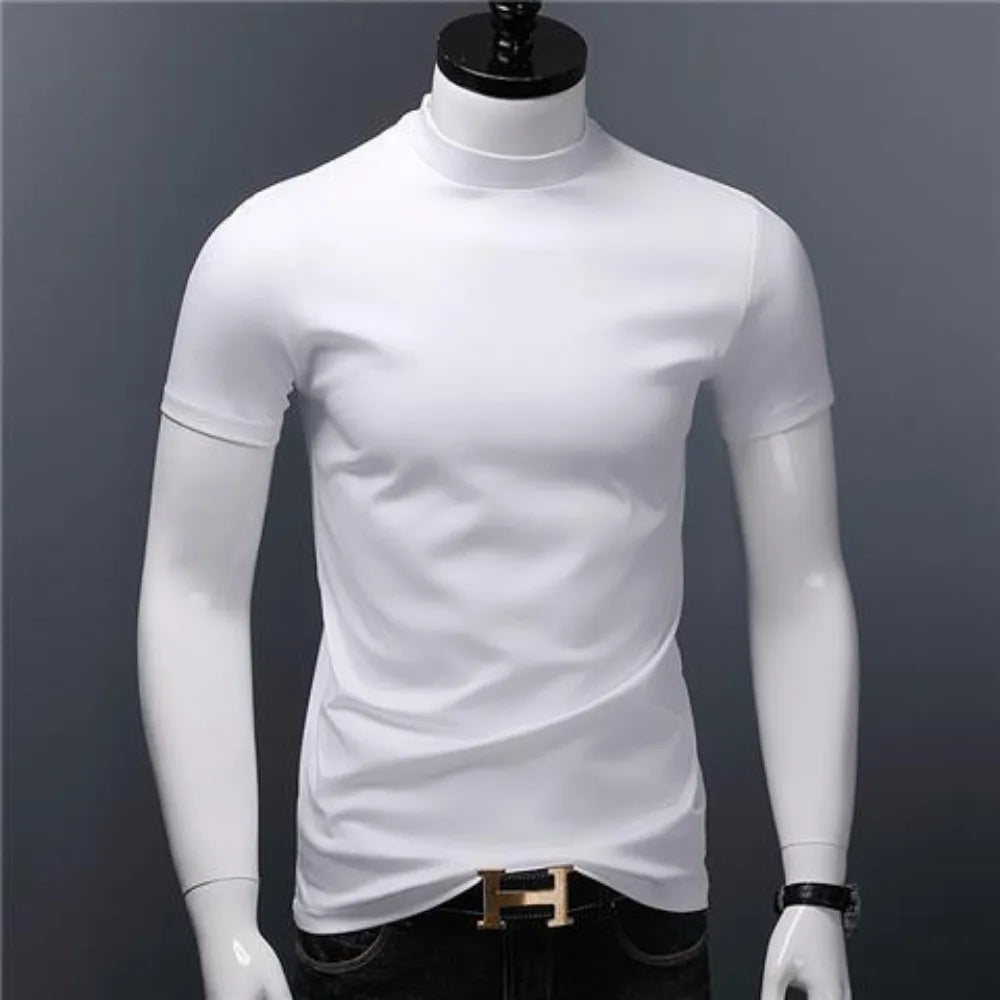 Men's Casual Turtleneck T-Shirts Short Sleeve Solid Slim Fit Silk High Neck Tops Inner Wear Trendy Round Neck Base Layer Shirt San Remo Shops