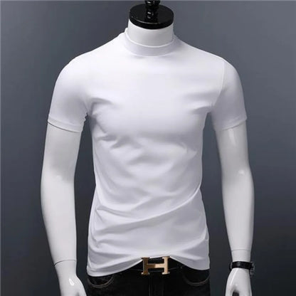 Men's Casual Turtleneck T-Shirts Short Sleeve Solid Slim Fit Silk High Neck Tops Inner Wear Trendy Round Neck Base Layer Shirt San Remo Shops