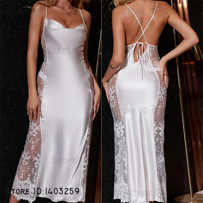 Long Nightgown Chemise Sleepwear Lace Satin Nightie