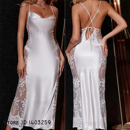 Female Long Nightgown Chemise Sleepwear Sexy Perspective Lace Nightdress Lingerie Summer New Satin Nightie Home Wear Loungewear