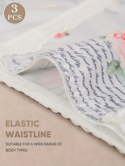 3pcs Women's High-Waisted Tummy Control Briefs Floral Print Underwear with Lace Trim Breathable Soft Fabric Elegant Lingerie