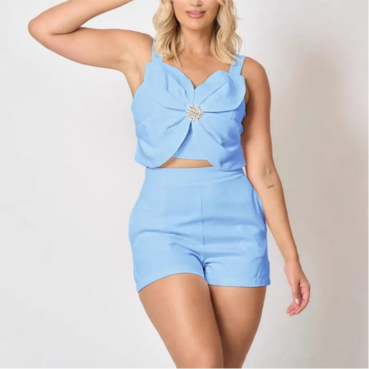 Women's Two Pieces Sets Outfit New Fashion Sexy Backless Folds Casual Vest Pockets Shorts Set For Women Black Summer Clothing
