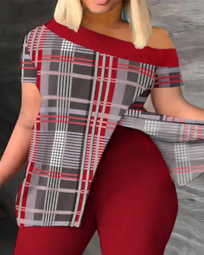 Conjunto de dos piezas para mujer, moda de verano, sexy, con hombros descubiertos, abertura, estampado, manga corta, top ajustado, leggings de cintura alta, pantalones, conjuntos.