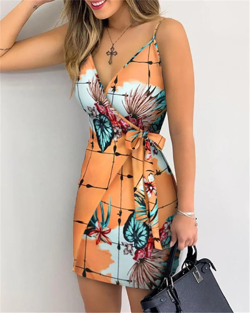 Women's Sexy V-Neck Spaghetti Strap Bodycon Dress, Slim Fit Party Dress with Waist Belt, Summer Cocktail Dress
