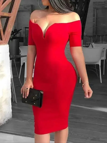 V style off-the-shoulder fitted dress with a tight waist