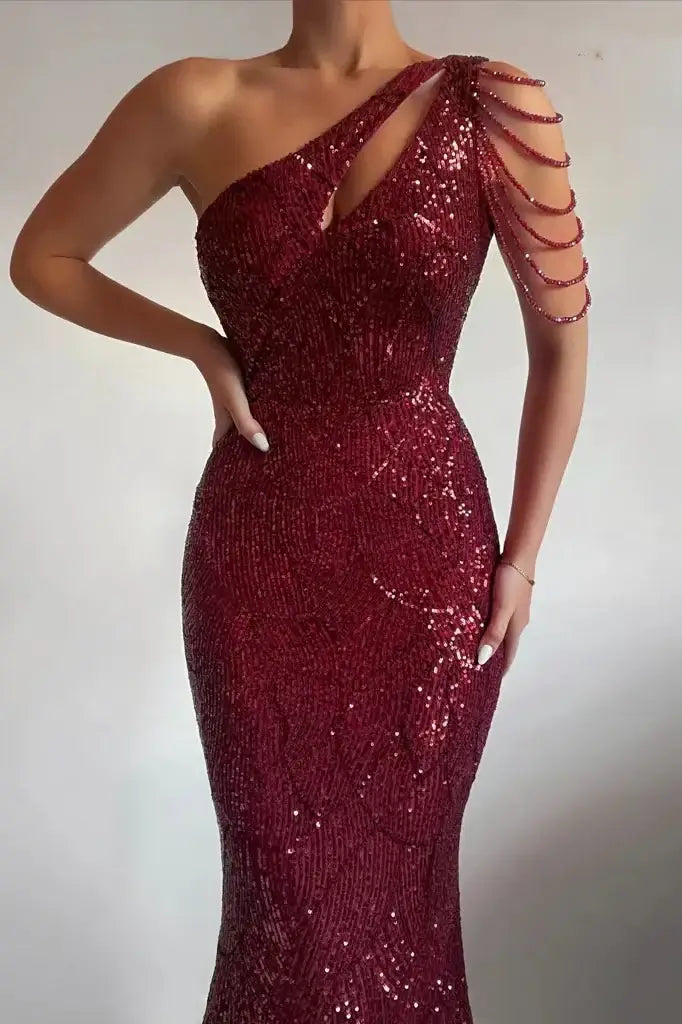 YIDINGZS Elegant One Shoulder Burgundy Sequin Dress Women Beading Long Dress 2022 Party Maxi Dress 18519 San Remo Shops