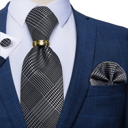 Tie Set Handkerchief Cufflinks With Gold Metal Ring 8CM Silk