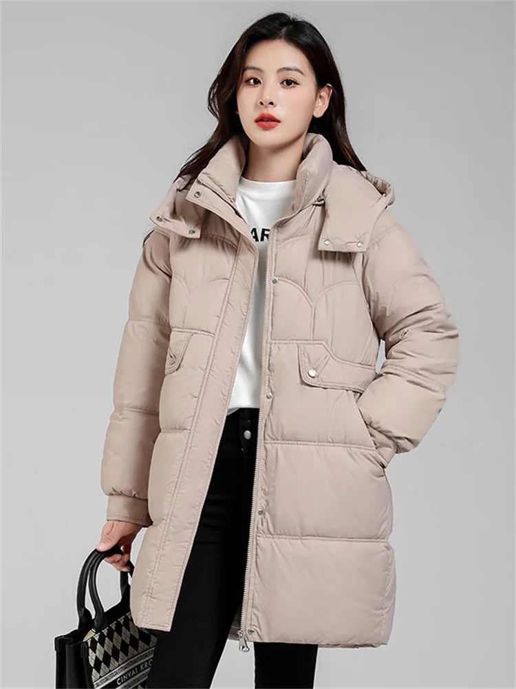 Down Cotton Coat Women New Fashion Long Loose Detachable Hooded Parkas Jacket Casual Thick San Remo