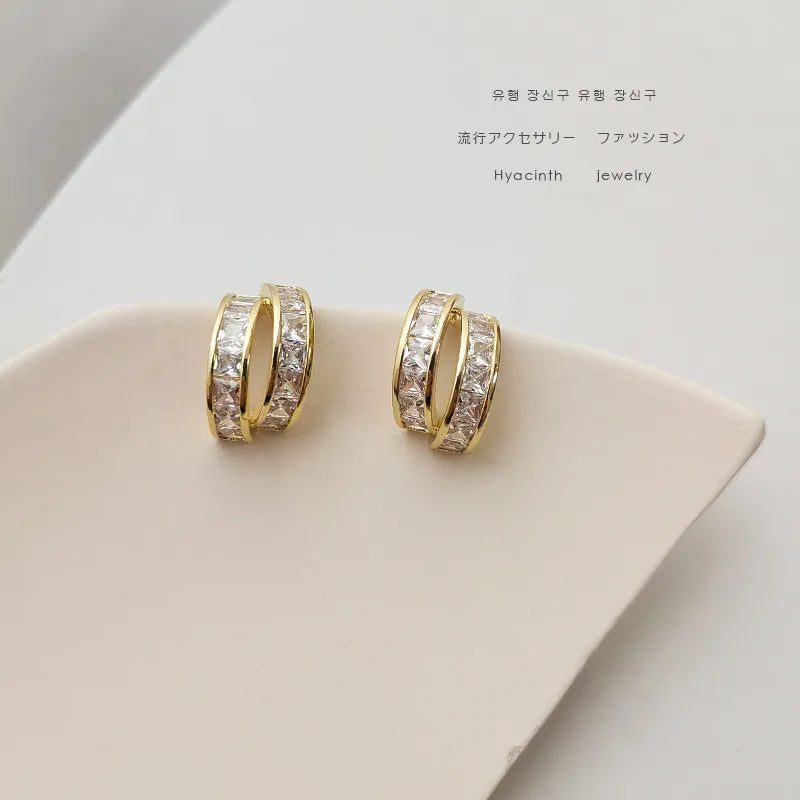 New Creative Double Row Zircon Golden C-shaped Stud Earrings For Women Fashion Charm Ladies Earrings Party Gift Jewelry San Remo