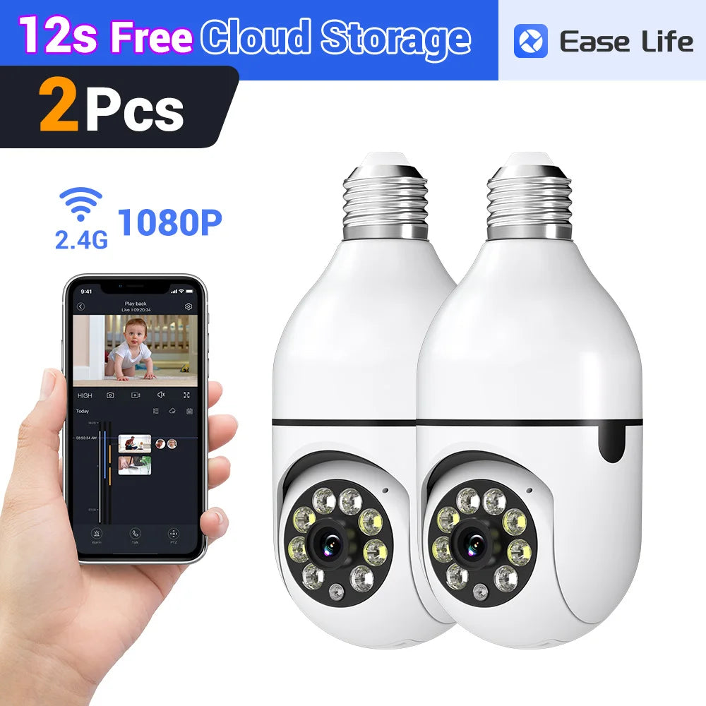 2Pc Ease Life APP-Light Bulb Security Cameras Outdoor Wireless WiFi Camera 5GHz, 360 Degree, E27 Light Socket Screw In Securi