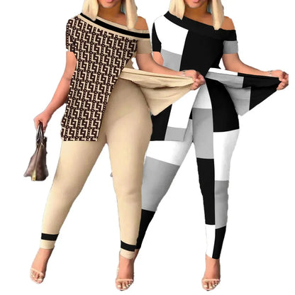 Summer Fashion Printed Two Piece Set Women Causa Off Shoulder Short  Sleeve Split T-Shirt Leggings Slim 2 Piece Suit Women