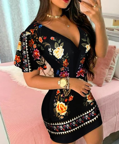 Women's Printed Dress V-Neck Short Sleeve Casual Skinny Dresses