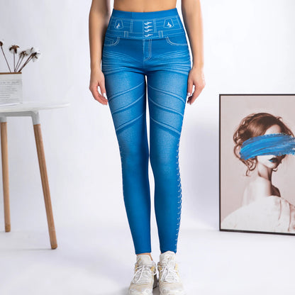 New Fashion High-waisted Imitation Denim Leggings Women Europe And America Sexy High-stretch Tight Nine-point Pants Women
