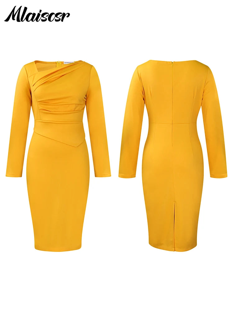 Mlaiscsr Office Ladies Yellow Mid Dress Women Elegant Long Sleeves Bodycon Classy Female African Birthday Prom Party Gowns Robe