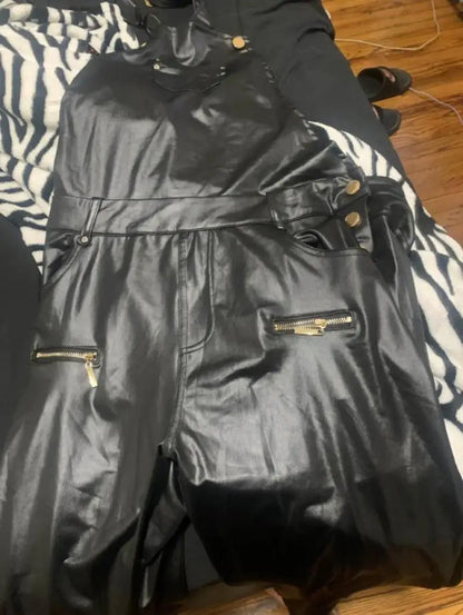 Jumpsuit Shoulder Strap Square Neck Sleeveless Pu Leather Buckle Zipper Suspender Tight Fitting