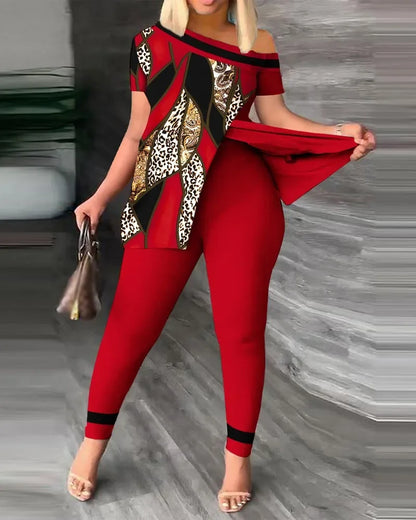 Summer Fashion Printed Two Piece Set Women Causa Off Shoulder Short  Sleeve Split T-Shirt Leggings Slim 2 Piece Suit Women