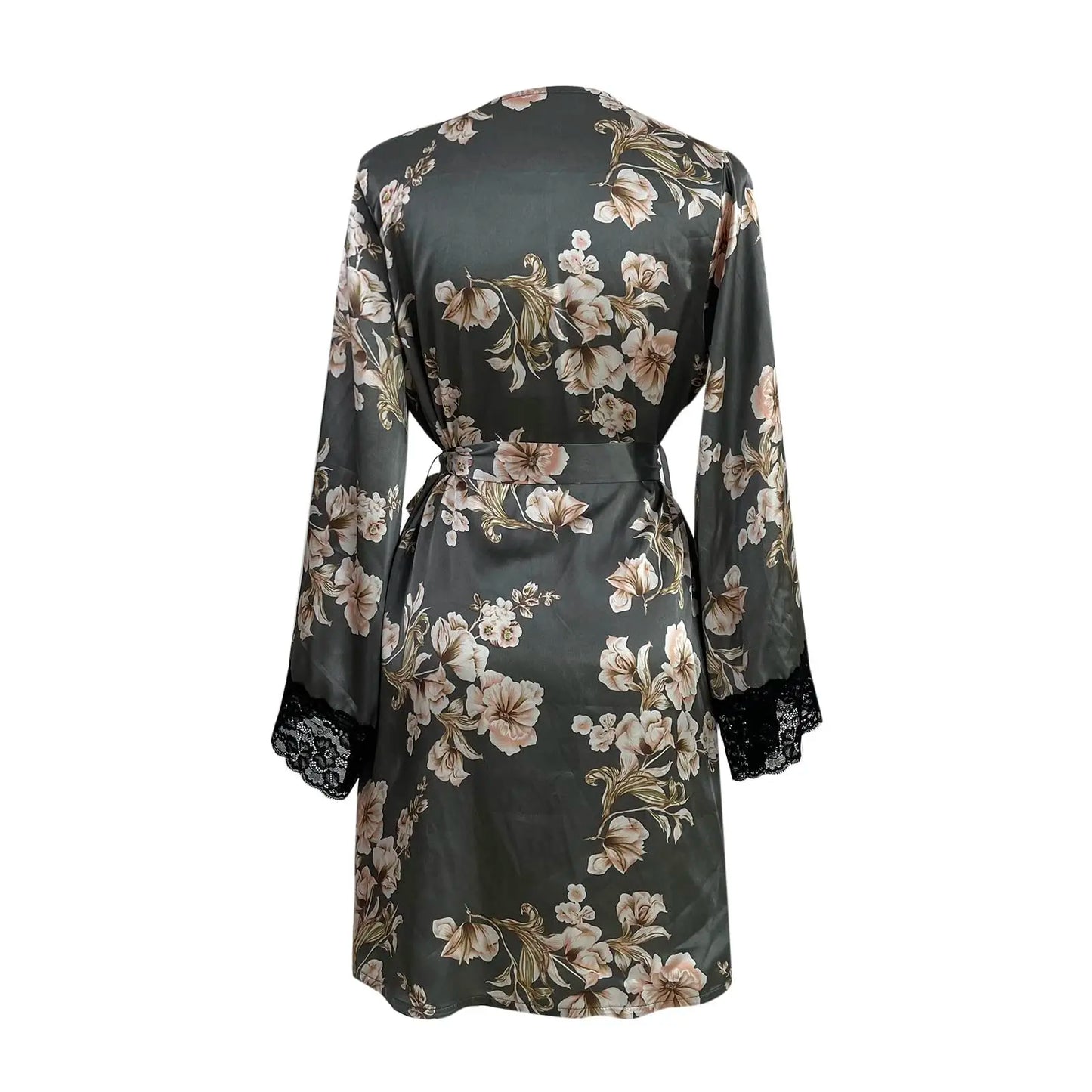 Women's Satin Nightgown Sexy Lace Patchwork Home Bathrobe Printed Robe with Belt Women's Bridal Party Casual Nightgown