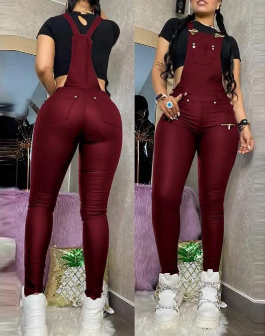 Jumpsuit Shoulder Strap Square Neck Sleeveless Pu Leather Buckle Zipper Suspender Tight Fitting