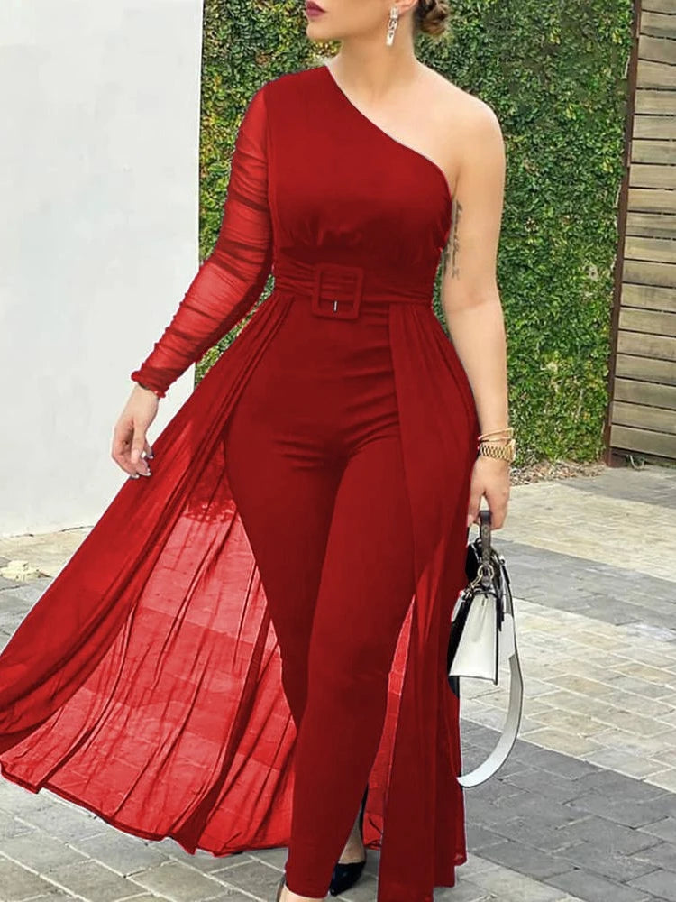 Women Fashion Elegant Casual One Shoulder Plain Sheer Mesh Jumpsuit Long Sleeve Chic Mesh Solid Patchwork Overalls for Women