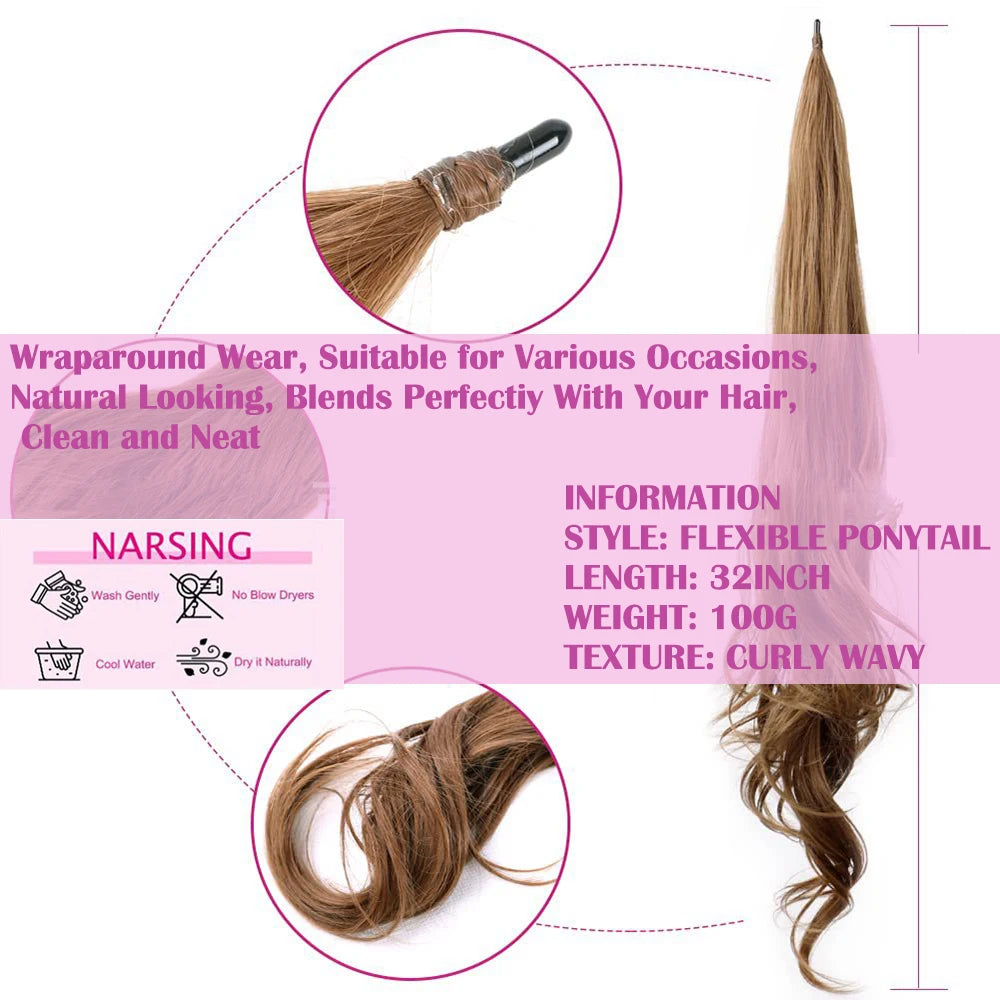 32inch Synthetic PonyTail Long Layered Flexible Wrap Around Fake Tail Hair Extensions Natural Curly Hairpiece for Women San Remo