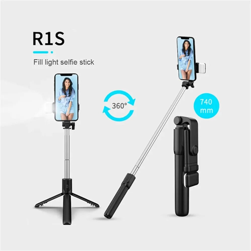 R1 Selfie Stick Mobile Phone Holder Retractable Portable Mini Tripod with Wireless Bluetooth Remote Shutter & Led selfie light San Remo Shops