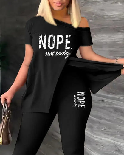 Summer Fashion Printed Two Piece Set Women Causa Off Shoulder Short  Sleeve Split T-Shirt Leggings Slim 2 Piece Suit Women