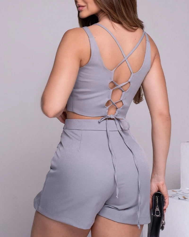 Two Piece Set Women Outfit 2025 Summer New Halter Sleeveless Hollow-Out Crop Tank & Casual Pocket Lace-Up Drastring Shorts Set
