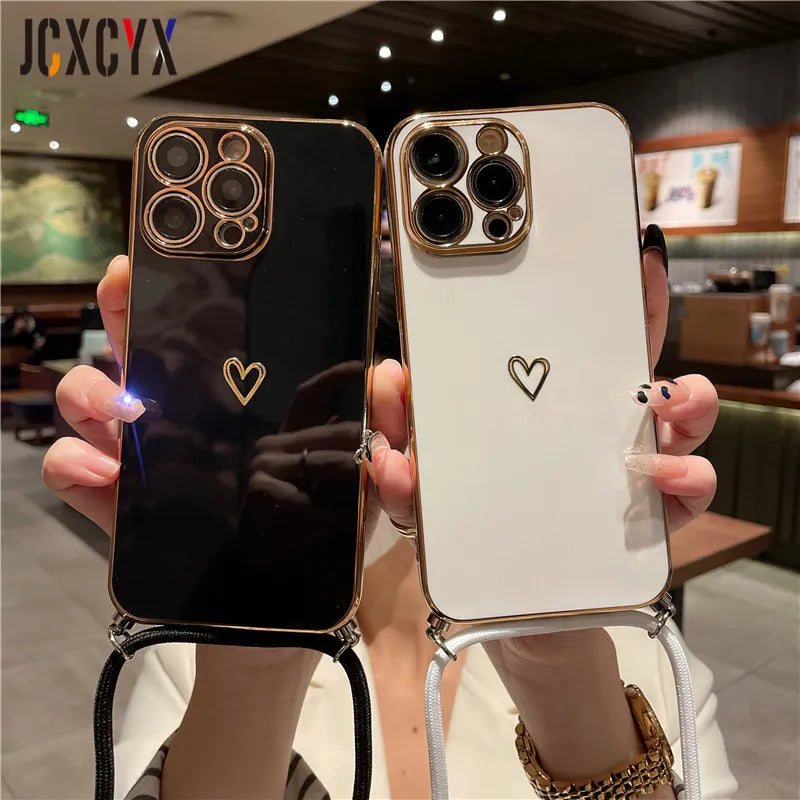 Crossbody Lanyard Cord Plating Love Soft Case For iPhone 14 Pro Max 13 12 11 XS XR 8 7 Plus SE3 MiNi Lens Protector Back Cover San Remo