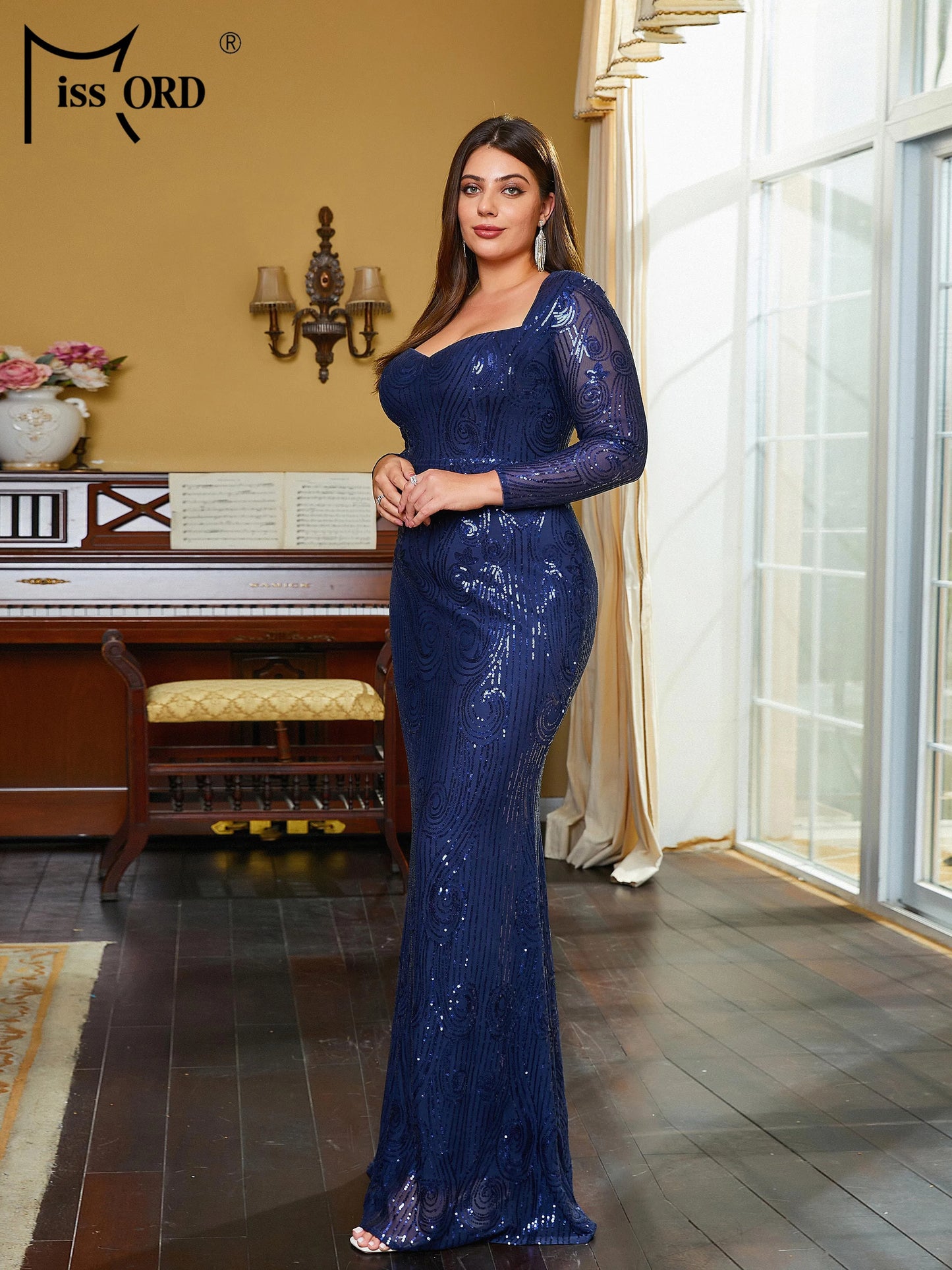 Missord Plus Size Blue Sweetheart Mermaid Long Sleeve Sequin Prom Party Evening Dress Formal Occasion Dresses San Remo Shops