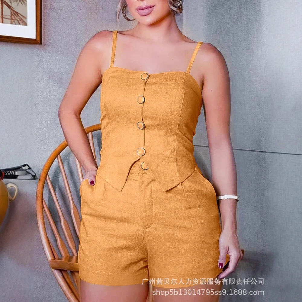 Women Short Sets Two Pieces Matching Sets Pullover Camisole Solid Straight Zipper Fly Shorts Loose Tracksuit Casual 2025