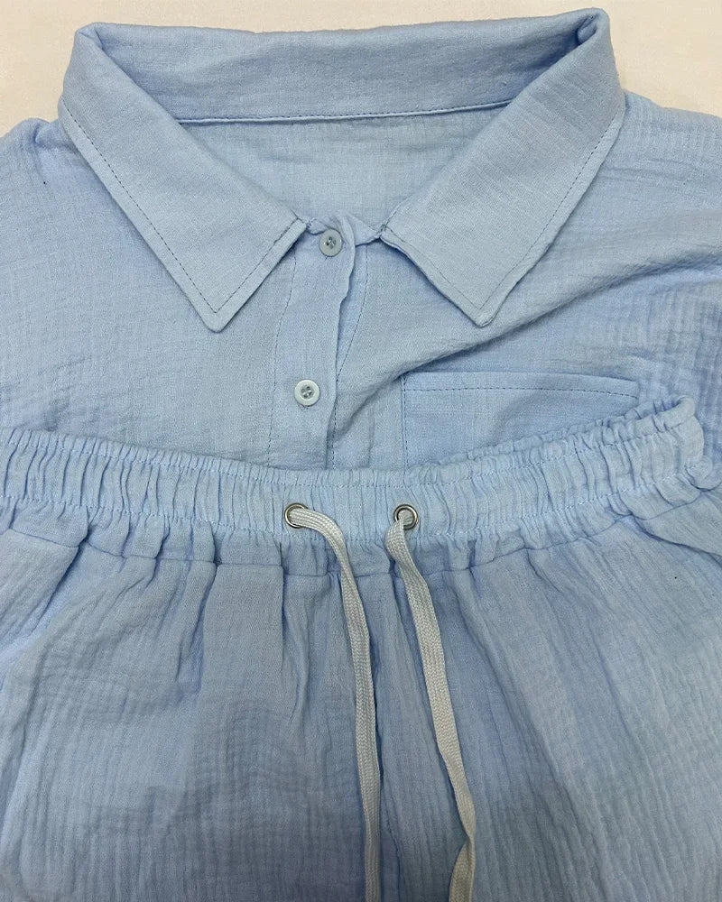 Summer Women's Suit Short Sets Outfits Muslin Suit For Women 2025 Two Piece Female Clothing Solid Button Outfits