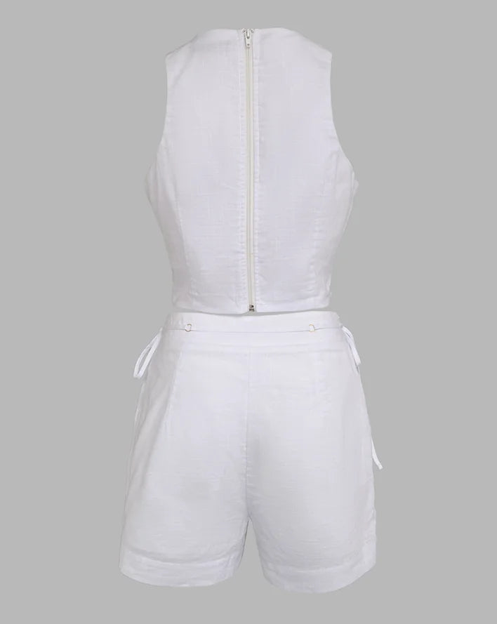 Two Piece Set Women Outfit 2025 Summer New Halter Sleeveless Hollow-Out Crop Tank & Casual Pocket Lace-Up Drastring Shorts Set