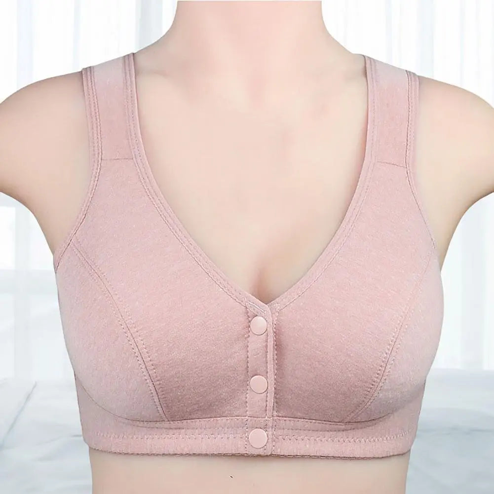 Comfortable Soft Bras Cotton Front-Close Bralette Wide Strap Buttons V Neck Padded Push Up Plus Size Middle Age Women Underwear San Remo