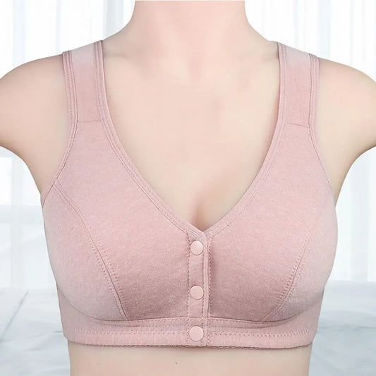 Comfortable Soft Bras Cotton Front-Close Bralette Wide Strap Buttons V Neck Padded Push Up Plus Size Middle Age Women Underwear San Remo