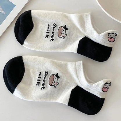 5 Paar Bootssocken für Damen mit Kuhmuster, trendige, vielseitige Cartoon-Streifensocken für Mädchen, weich, bequem, atmungsaktiv, lässige Socken