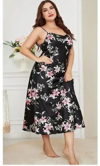 XL-5XL Big Size Suspender Nightdress Sleepwear Lingerie Summer Women Nightgown Loose Silky Satin Dressing Gown Loungewear