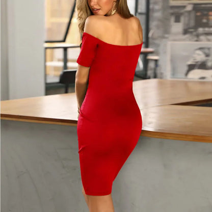 V style off-the-shoulder fitted dress with a tight waist
