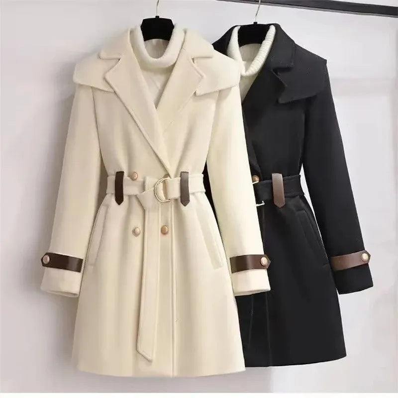 Womens Clothing Woolen Coats Slim Belt Elegant Long Coat Female Beige Black San Remo