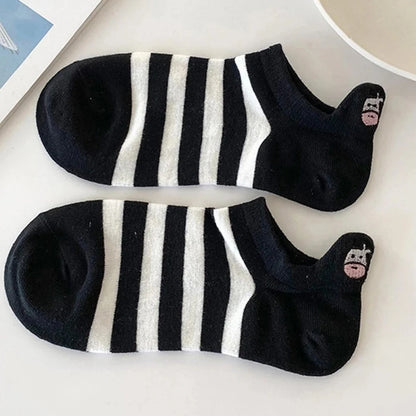 5 Paar Bootssocken für Damen mit Kuhmuster, trendige, vielseitige Cartoon-Streifensocken für Mädchen, weich, bequem, atmungsaktiv, lässige Socken