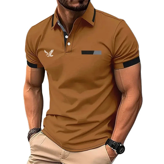 Brown polo shirt with black accents worn by a person on a white background