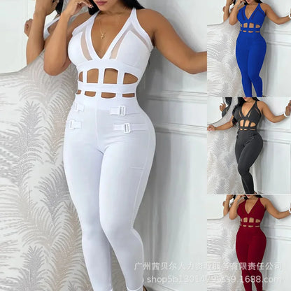 jumpsuits Casual Trendy Skinny Hollowed Out Sleeveless Hanging Neck One-Pieces