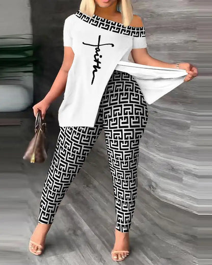 Conjunto de dos piezas para mujer, moda de verano, sexy, con hombros descubiertos, abertura, estampado, manga corta, top ajustado, leggings de cintura alta, pantalones, conjuntos.