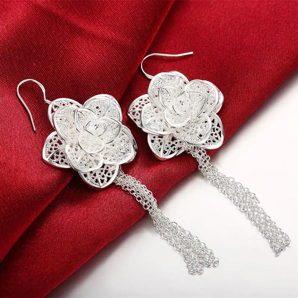 Charms high quality 925 Sterling Silver Beautiful tassel Flowers Earrings for Women fashion party wedding Jewelry Gifts San Remo Shops