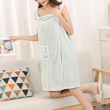 Women Wearable Bath Towel Coral Fleece Fast Drying Beach Spa Bathrobe Bowknot Decor Pocket Buttons Placket Shower Towel Dress San Remo Shops