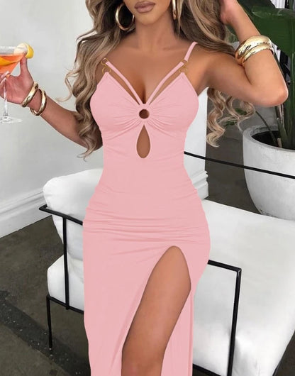 Vestido de verano 2024 para mujer, sexy, con escote en V, abertura alta, ajustado, con tirantes finos, para vacaciones y fiestas en la playa.