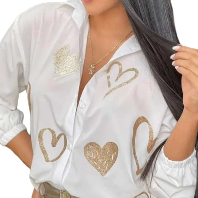 2023 Top Selling On Similar Deals Spring New Fashion Women's Heart Hot Stamping Button Up Commuting Casual Shirt Female Clothing San Remo