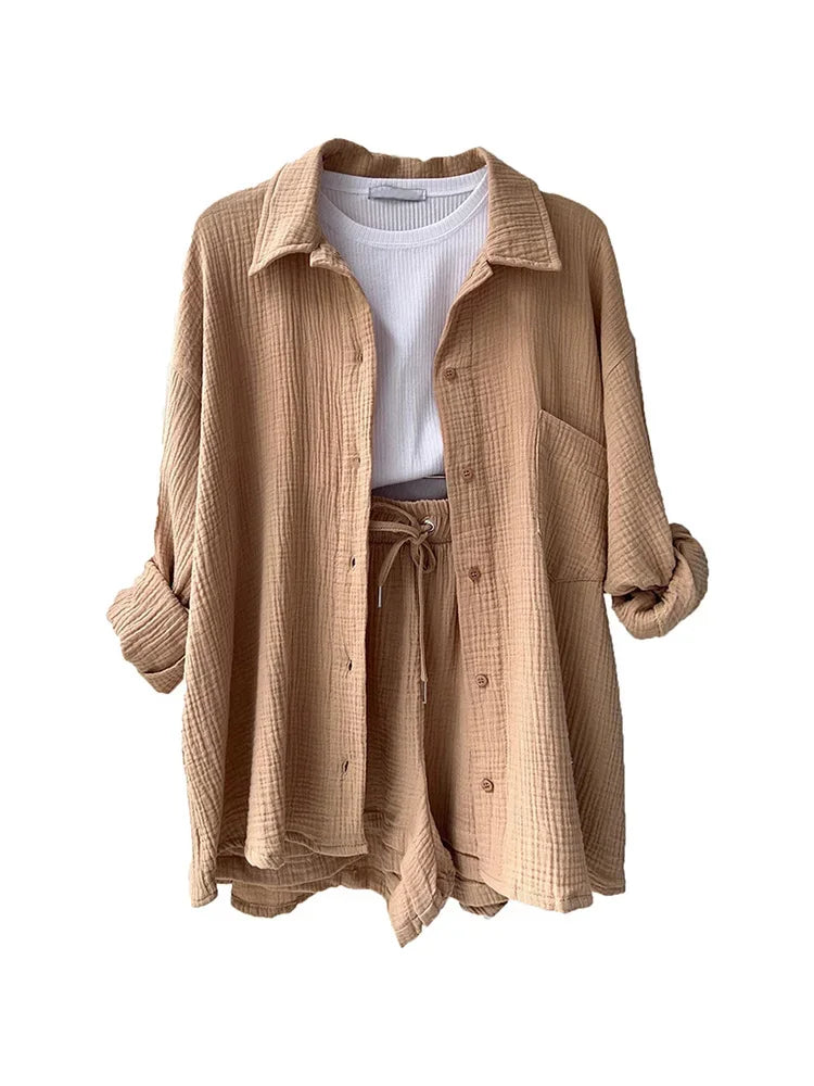 Summer Women's Suit Short Sets Outfits Muslin Suit For Women 2025 Two Piece Female Clothing Solid Button Outfits