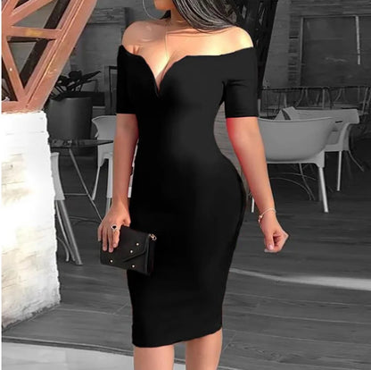 V style off-the-shoulder fitted dress with a tight waist