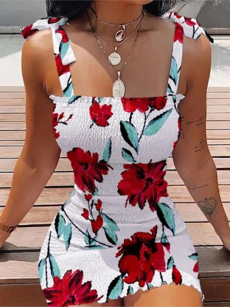 Summer Sexy Slim Print Dress Women Fashion Spaghetti Strap Elegant Package Hips Bodycon Mini Dresses Femlae Beach Party Dress